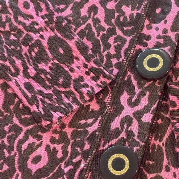 Tory Burch Merino Wool Cardigan Sweater, Pink and Brown Print, Logo Buttons, S - Picture 13 of 15